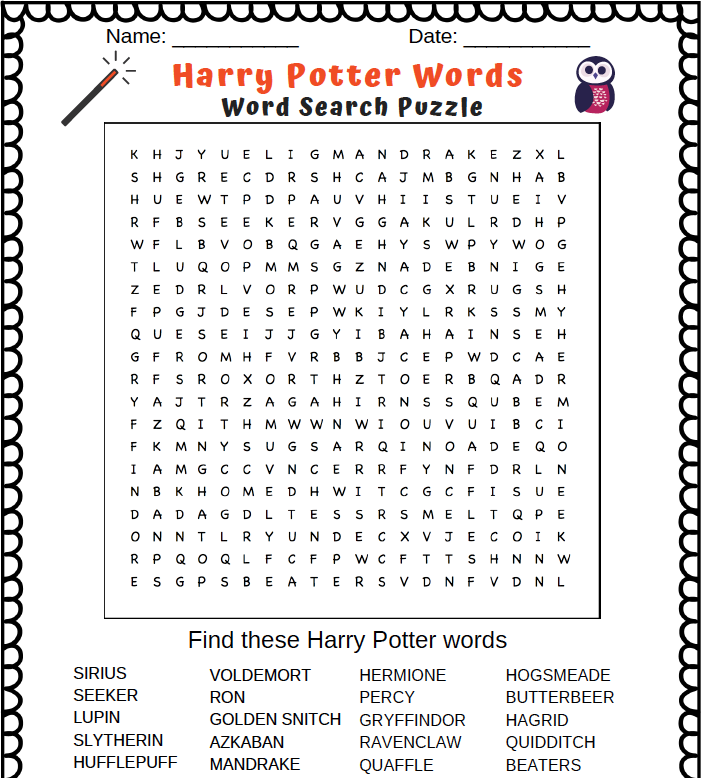 printable word searches harry potter