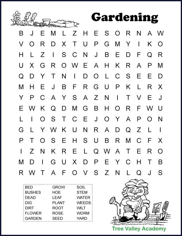 Printable Gardening Word Search For Kids Tree Valley