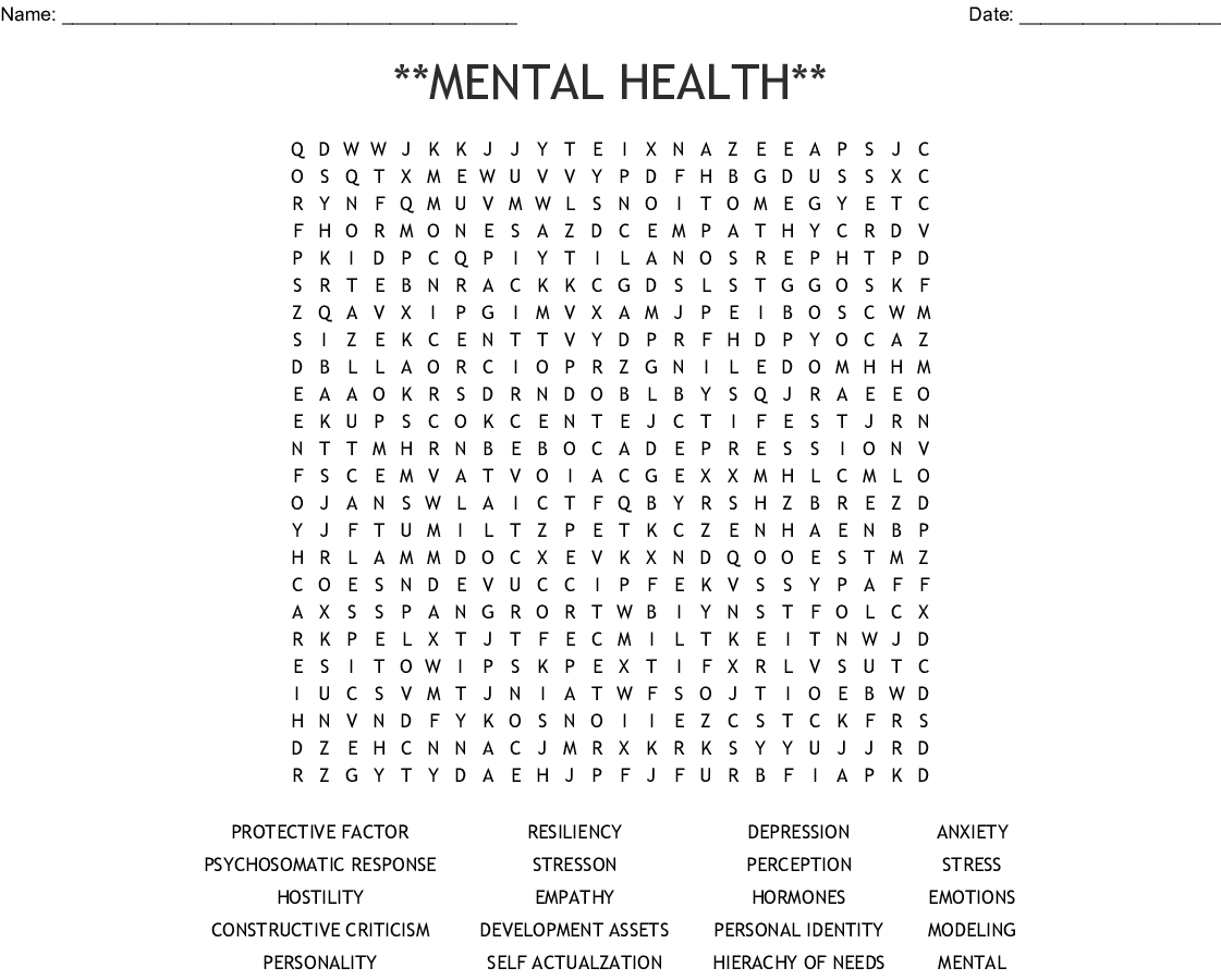 Printable Mental Health Word Search Puzzles Word Search 