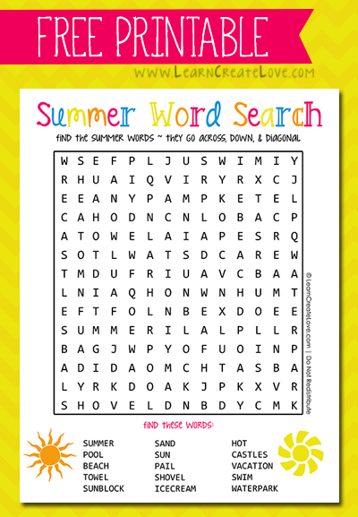 Printable Word Search Summer