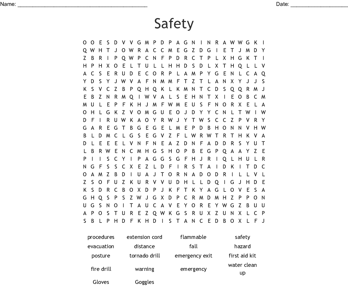 printable word search health and safety