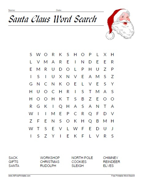Santa Claus Word Search Free Printable 
