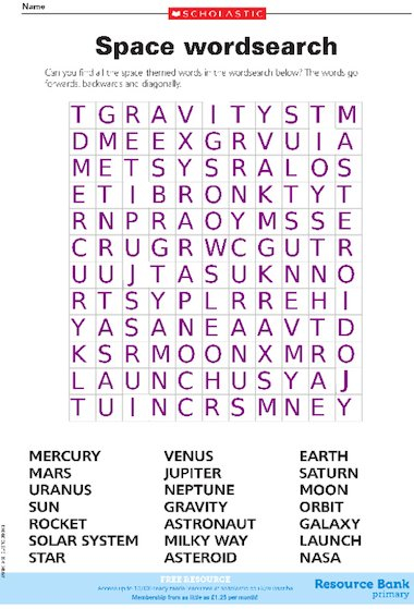 Space Wordsearch FREE Primary KS2 Teaching Resource