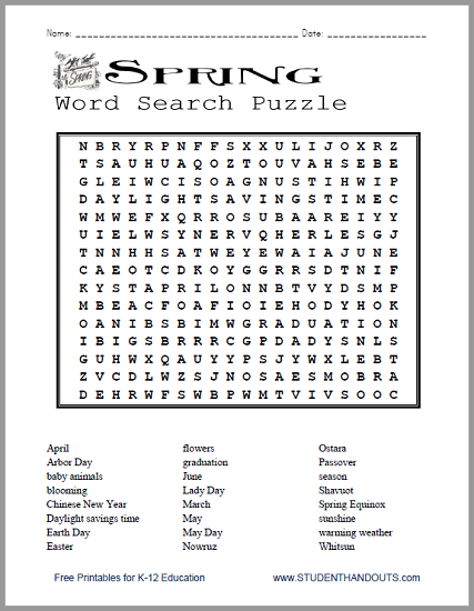 Spring Word Search Puzzle Student Handouts