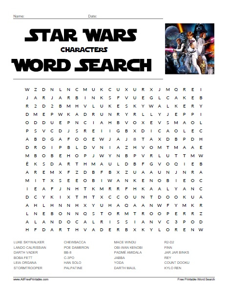 Star Wars Characters Word Search Free Printable 