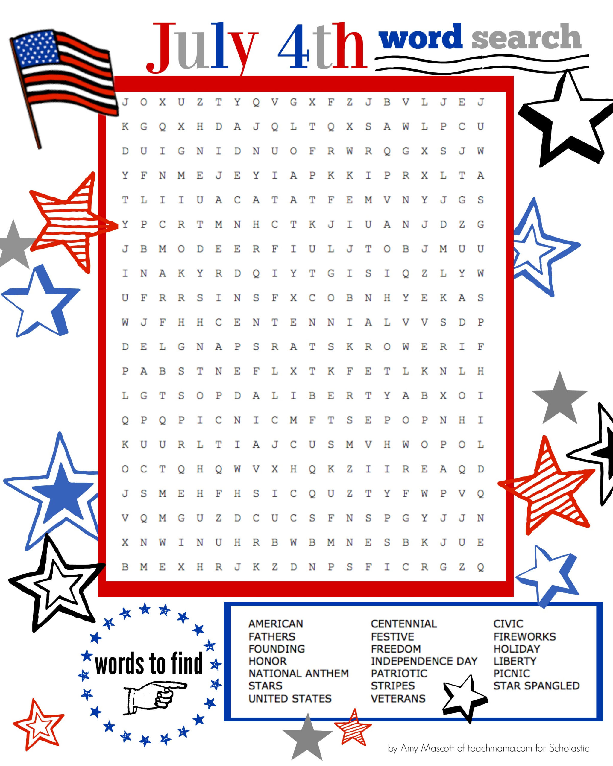 Superstar Celebration July 4th Word Search Printable 