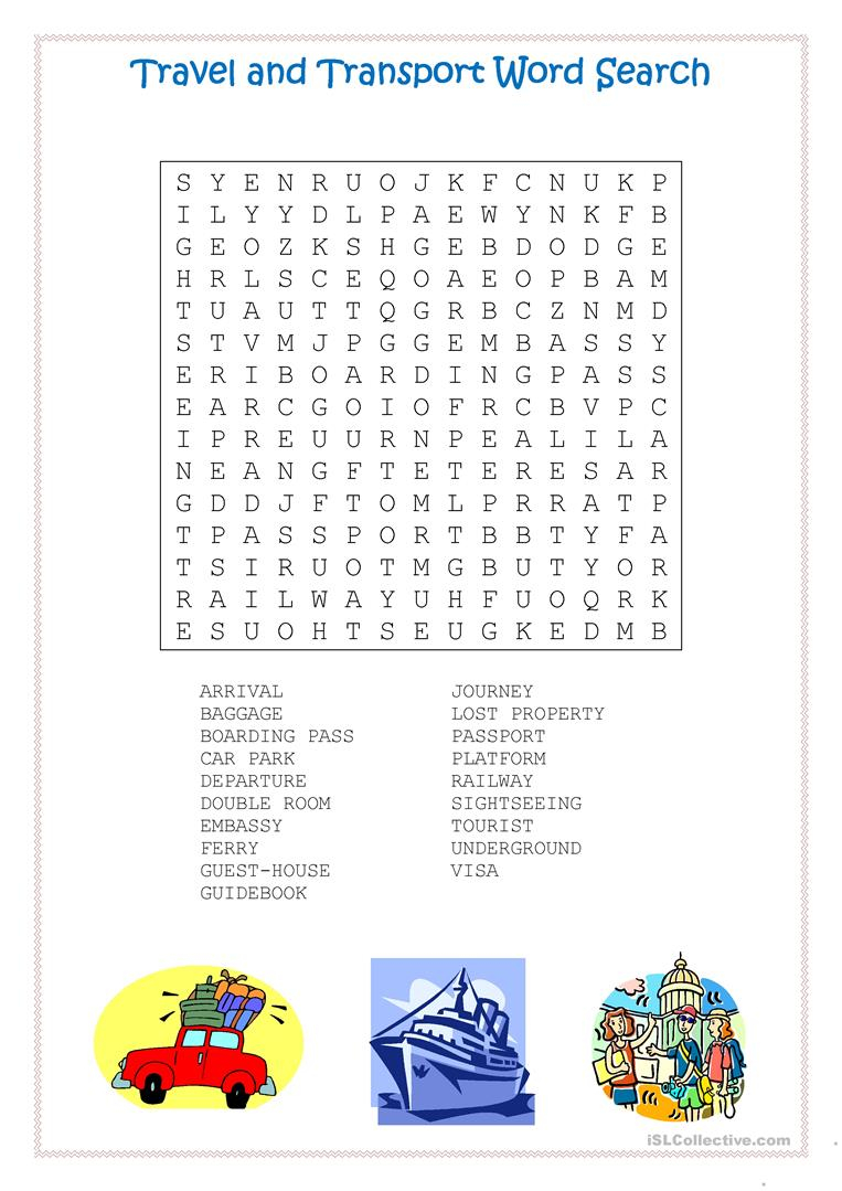 Travel And Transport Word Search Worksheet Free ESL 