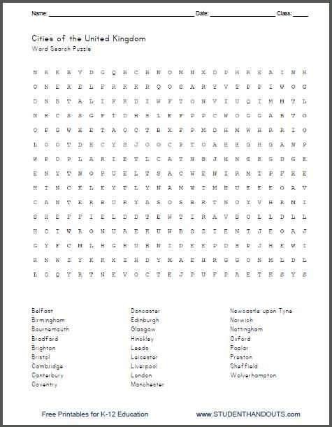 United Kingdom Cities And Towns Free Printable Word Search 