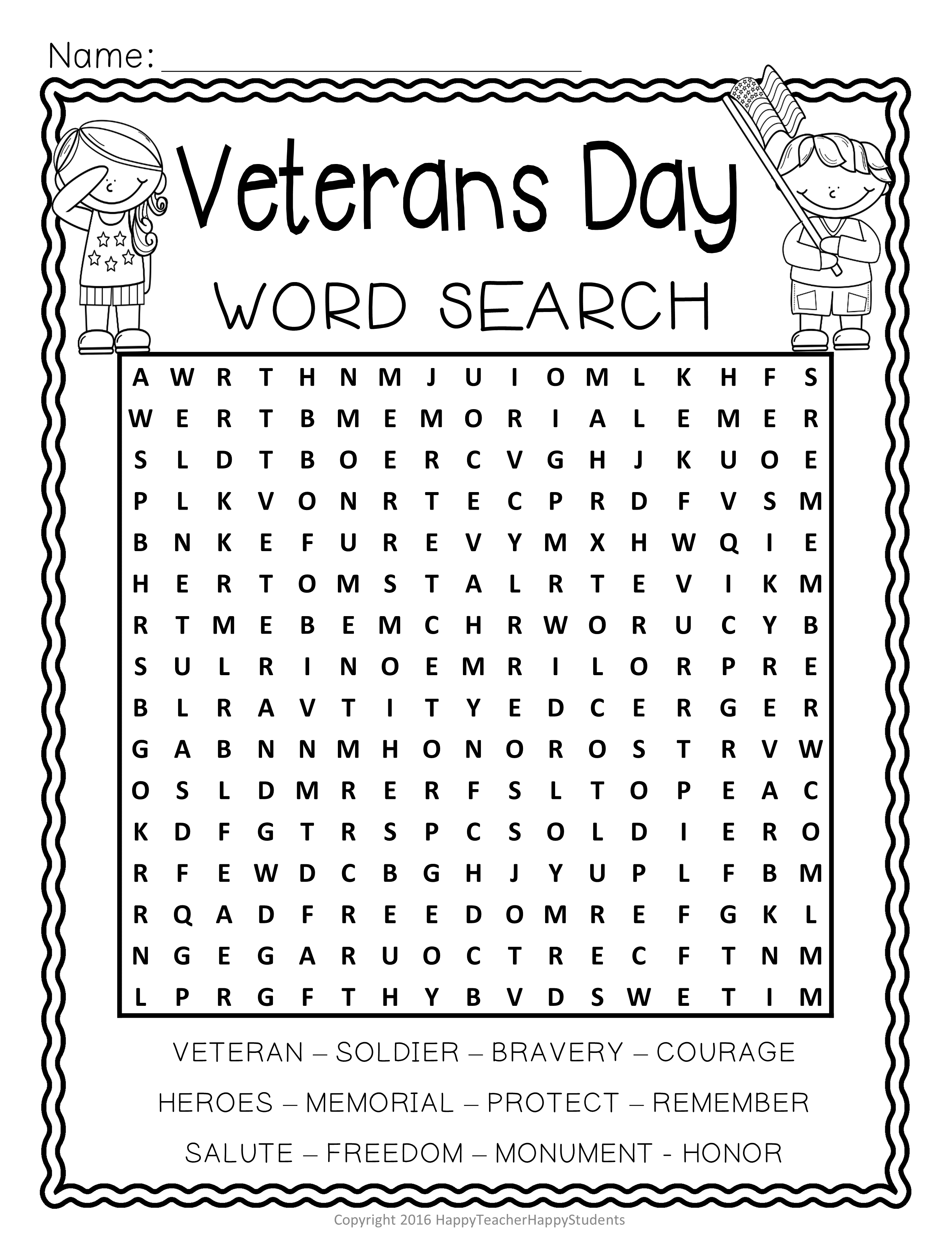 Printable Word Search For Veterans Day