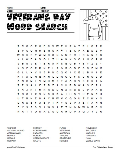Veterans Day Word Search Free Printable 