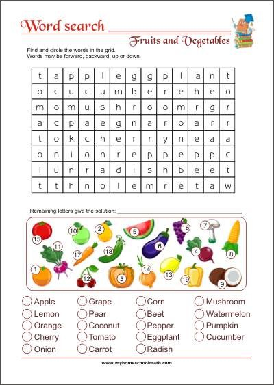 fruit and vegetables word search worksheet