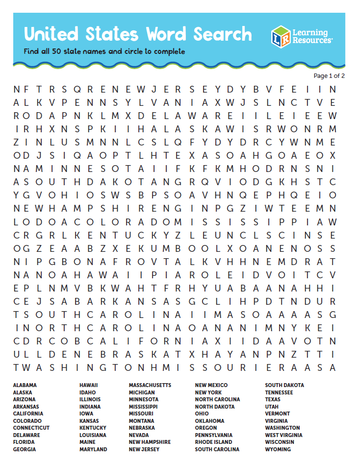 Word Search Printable Find All 50 States Learning 