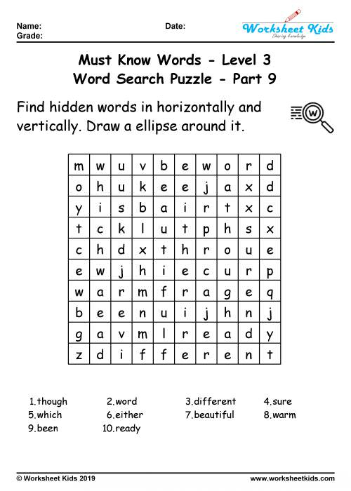 Word Search Puzzle 100 Must Know Words For 3rd Grade 