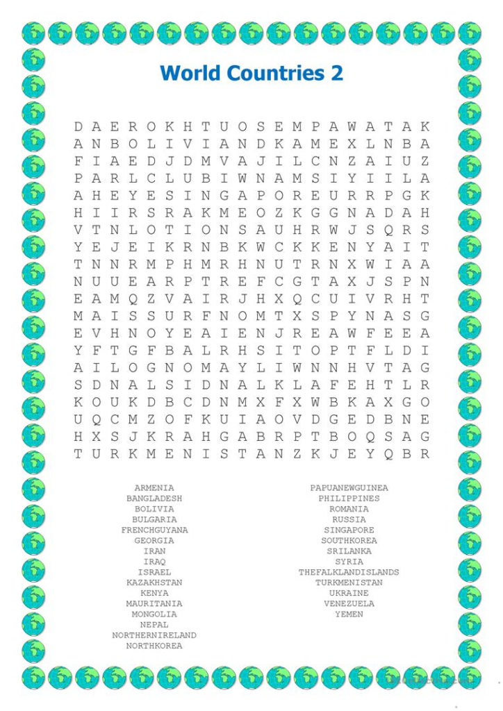 World Countries Wordsearch 2 Worksheet Free ESL