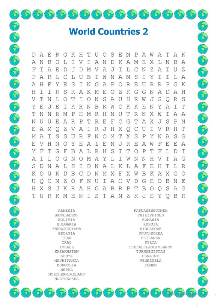 World Countries Wordsearch 2 Worksheet Free ESL