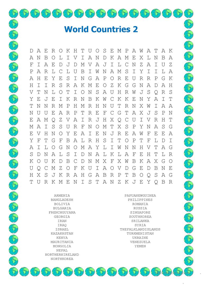 World Countries Wordsearch 2 Worksheet Free ESL 