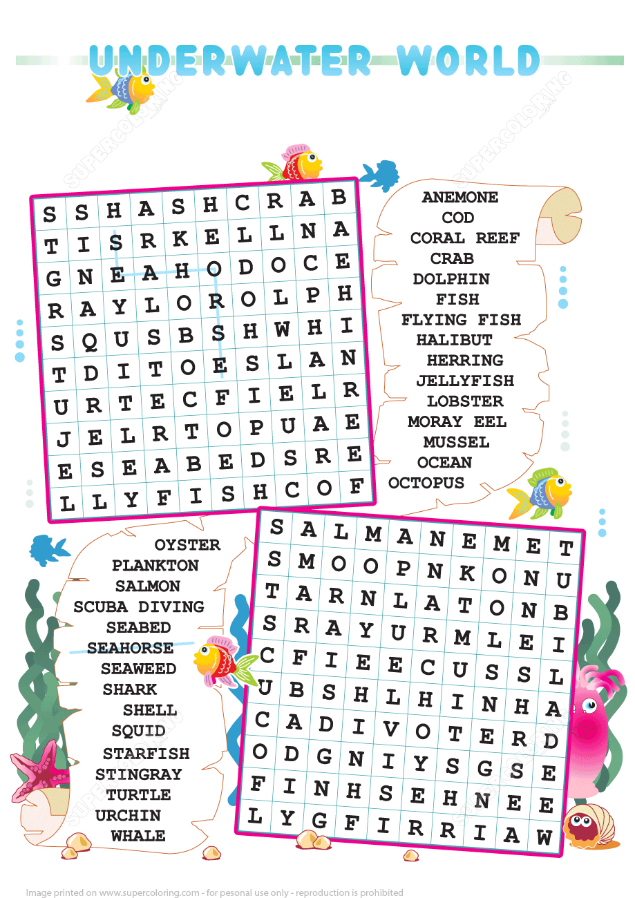 Zigzag Word Search Puzzle With Underwater World Free 