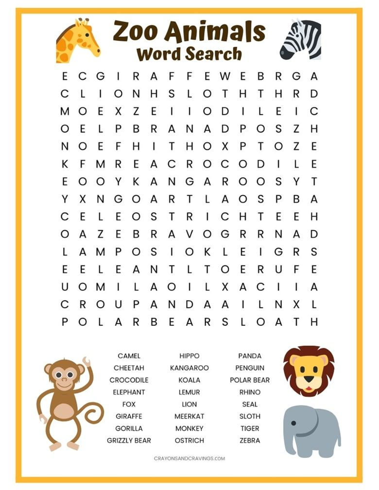 printable word search zoo animals