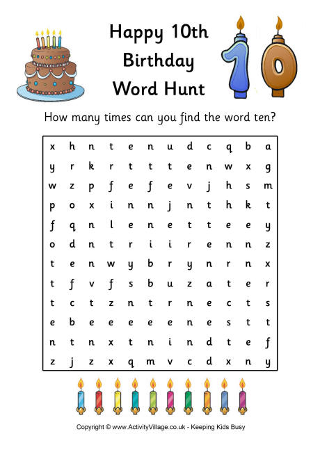 10th Birthday Word Hunt