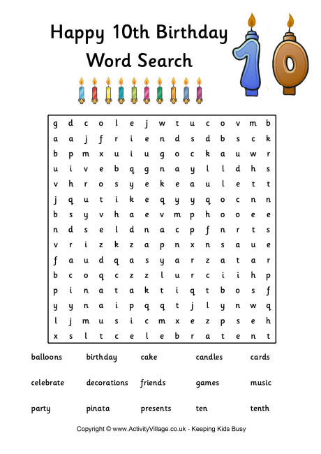 10th Birthday Word Search