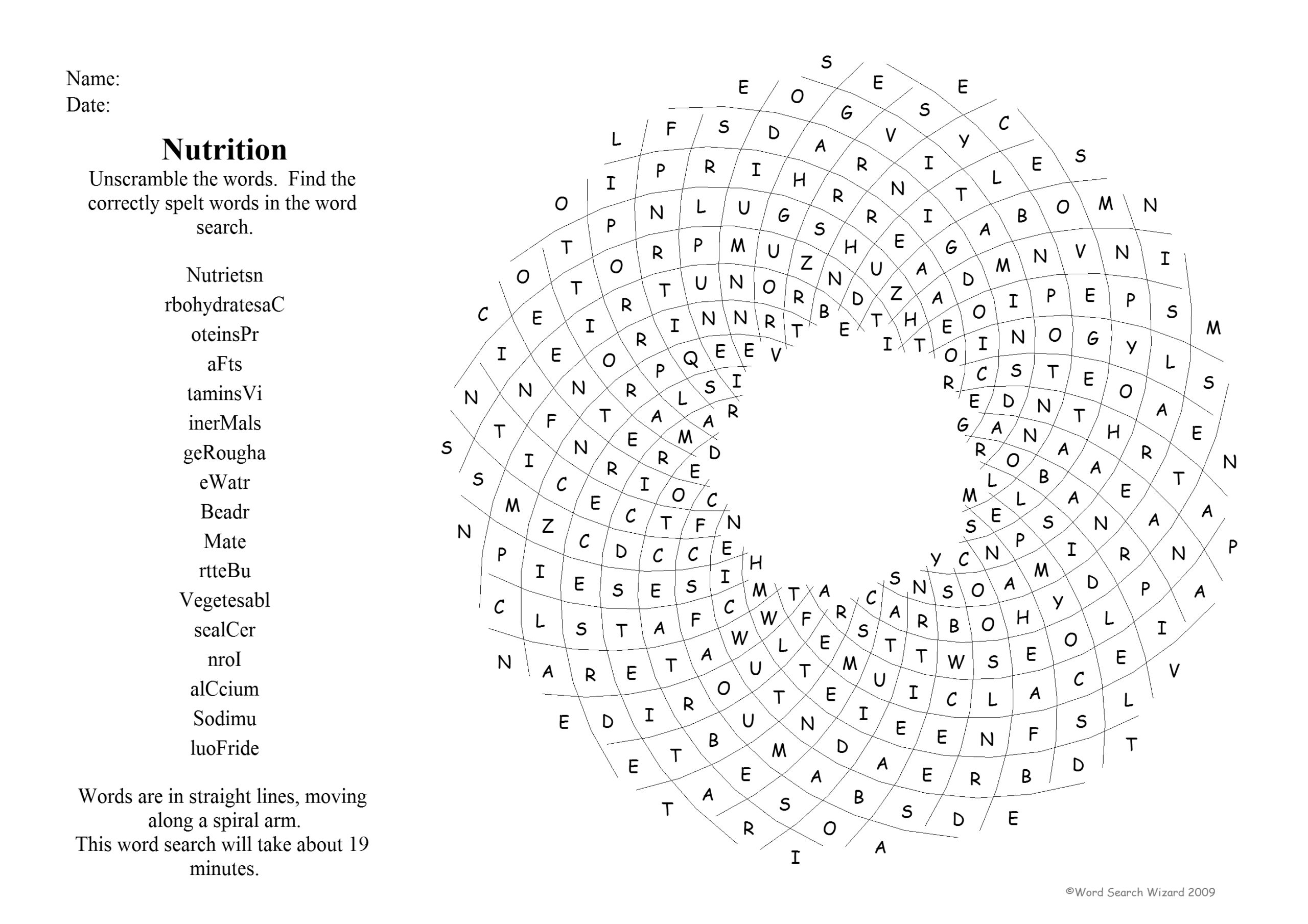 printable word search nutrition