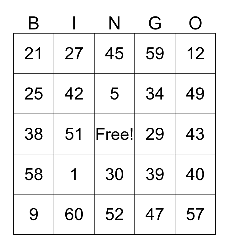 3A 1 60 Bingo Card