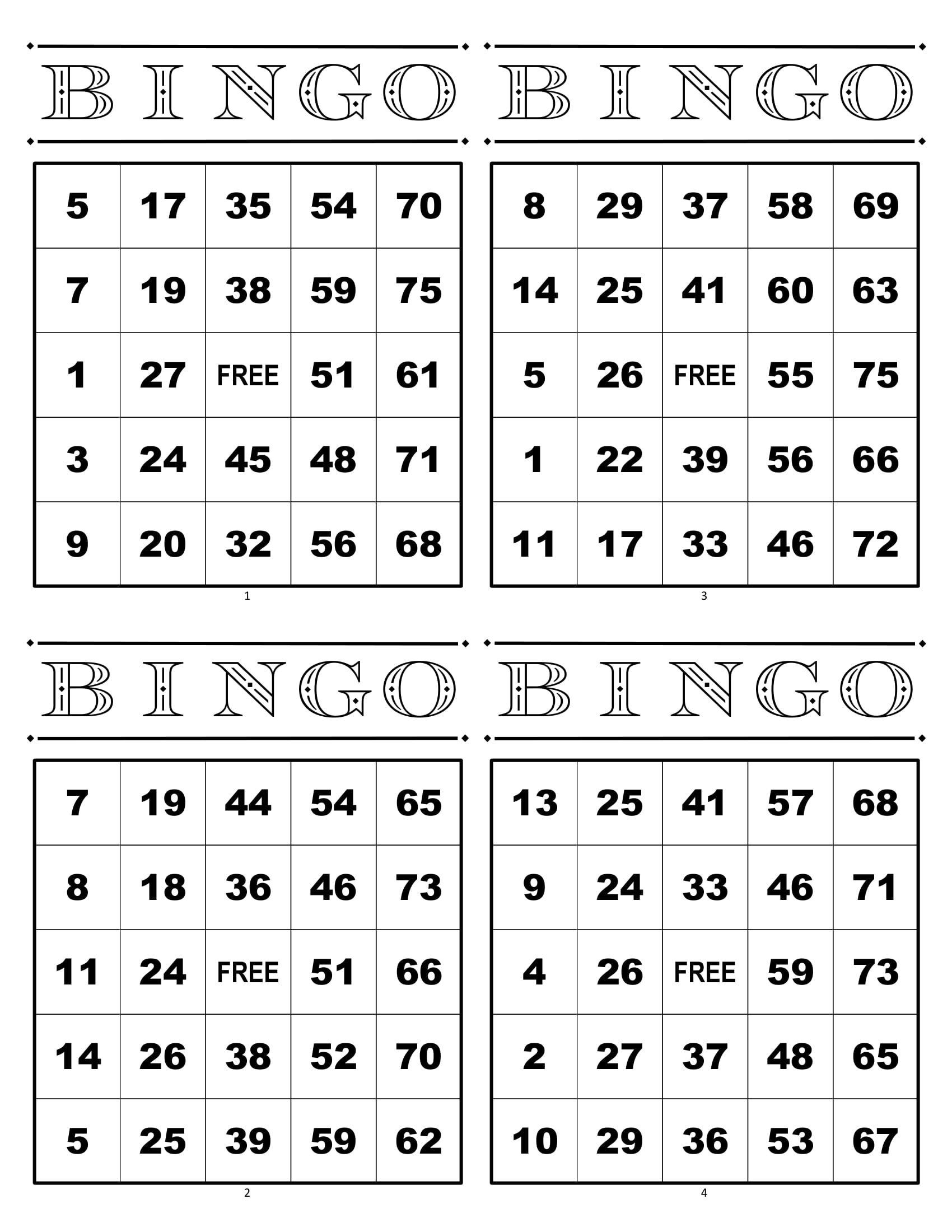 Bingo Cards 1000 Cards 4 Per Page Numbered Immediate Pdf 