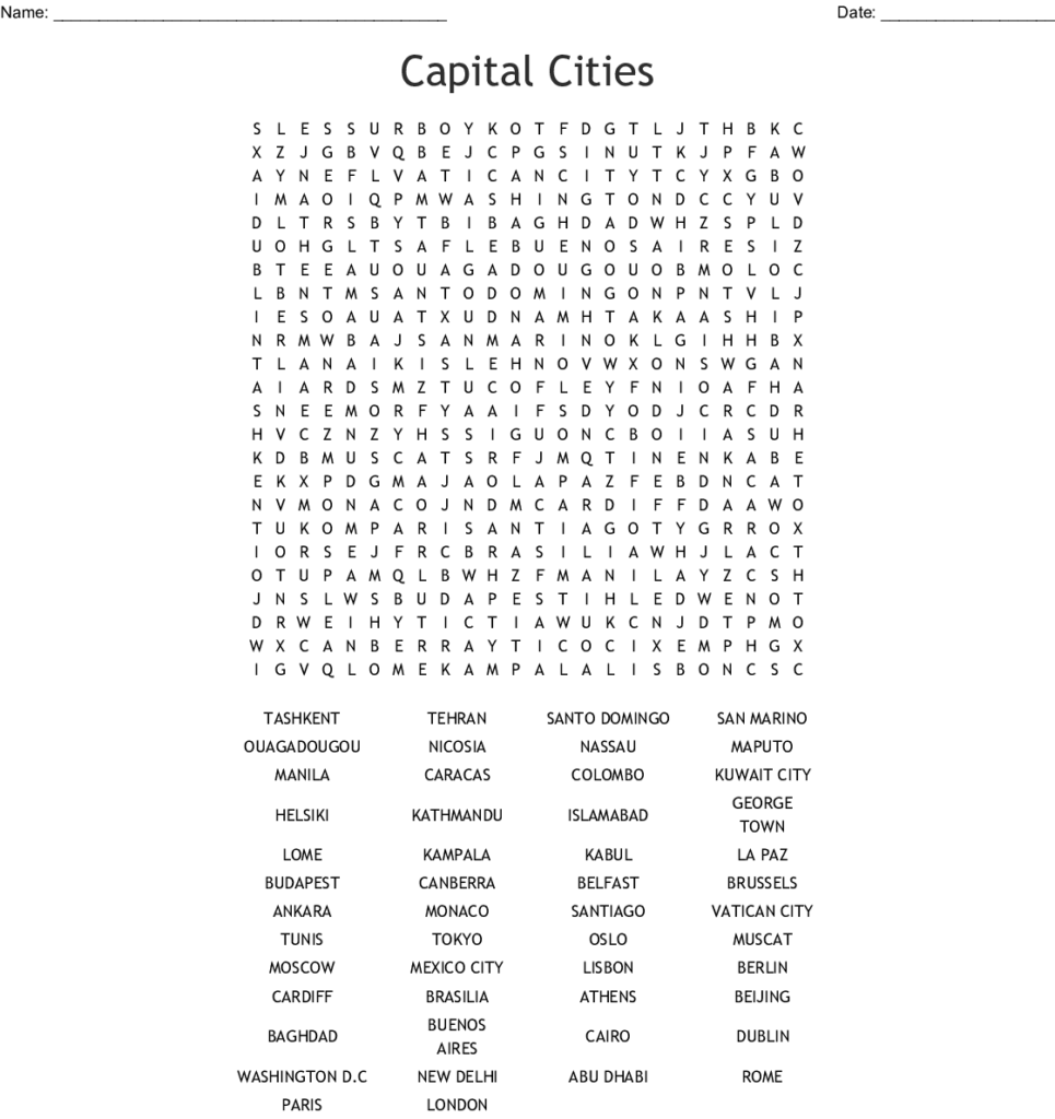 Capital Cities Word Search WordMint