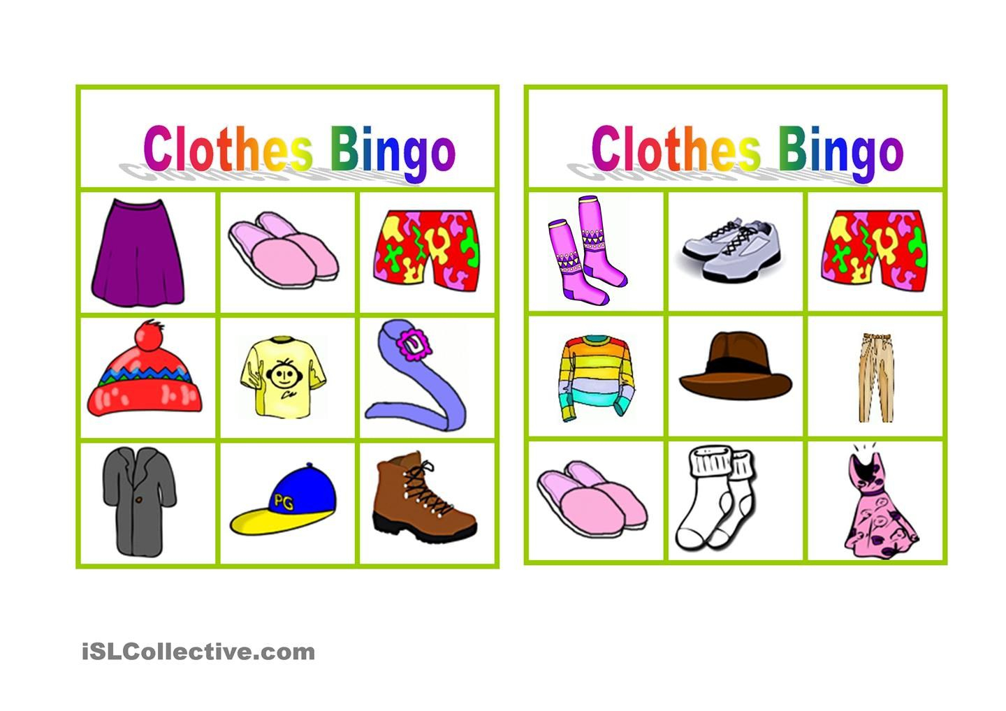 Clothes Bingo FREE ESL Worksheets Bingo Bingo Cards 