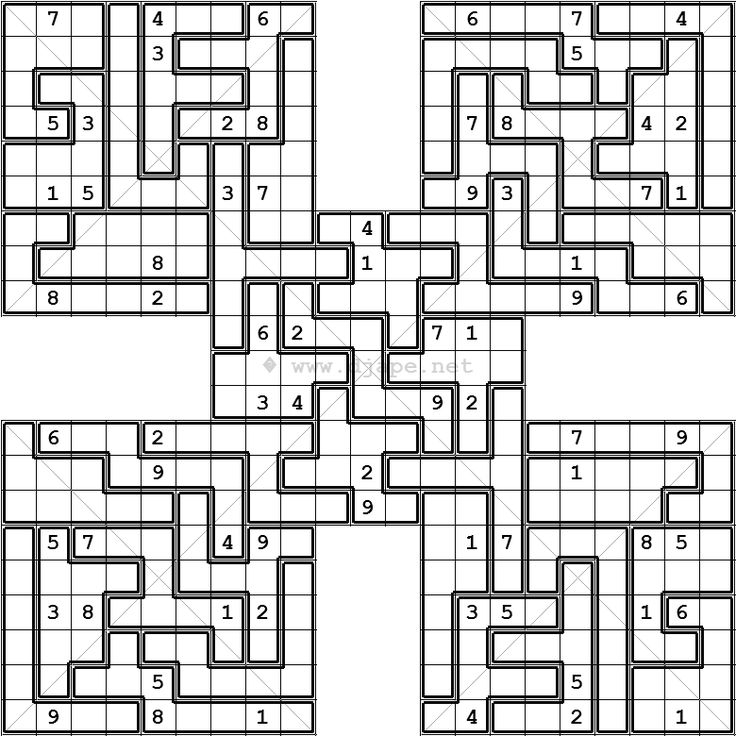 Diagonal Jigsaw Samurai X Sudoku Variant Puzzle 