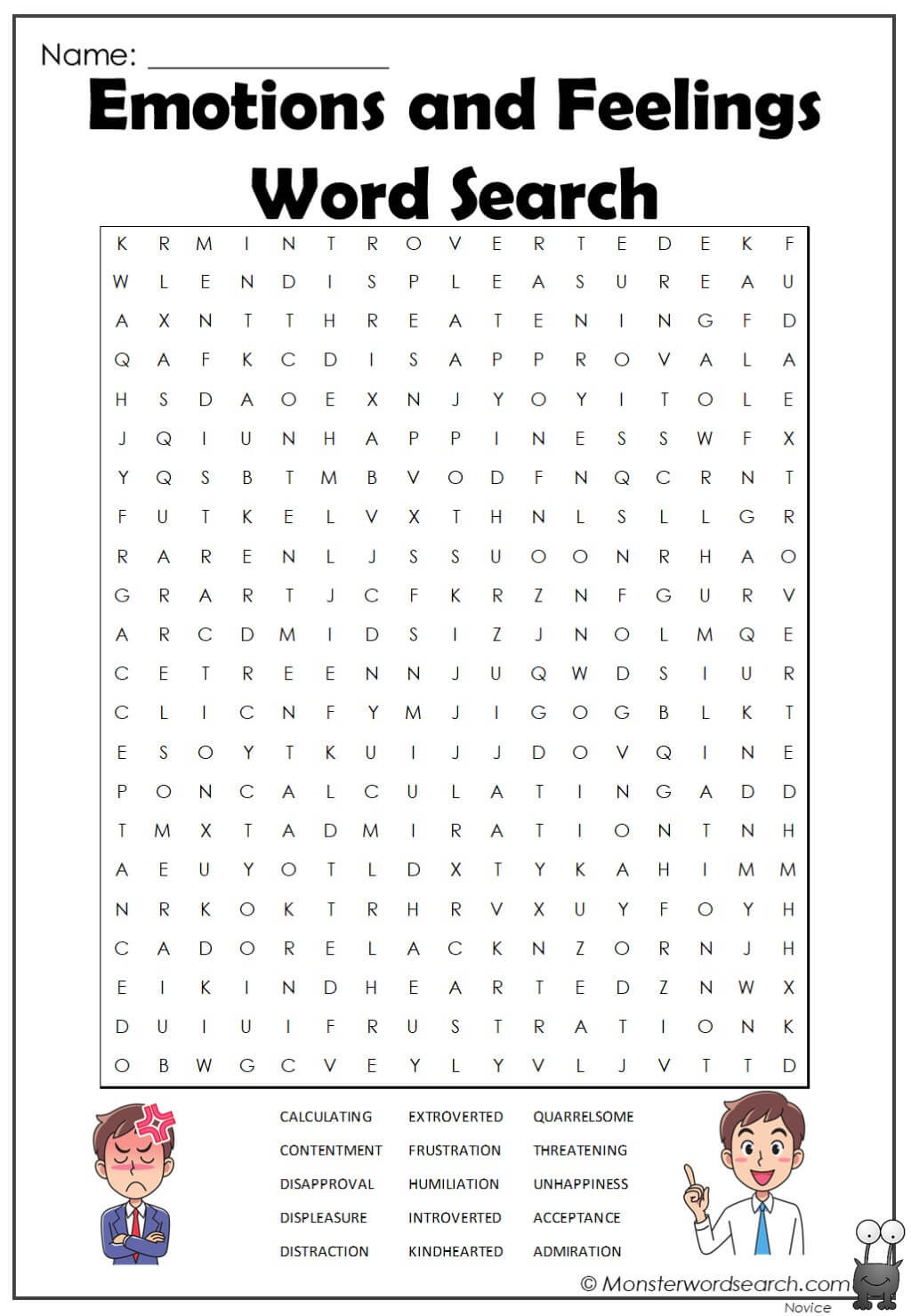 Emotions And Feelings Word Search Monster Word Search