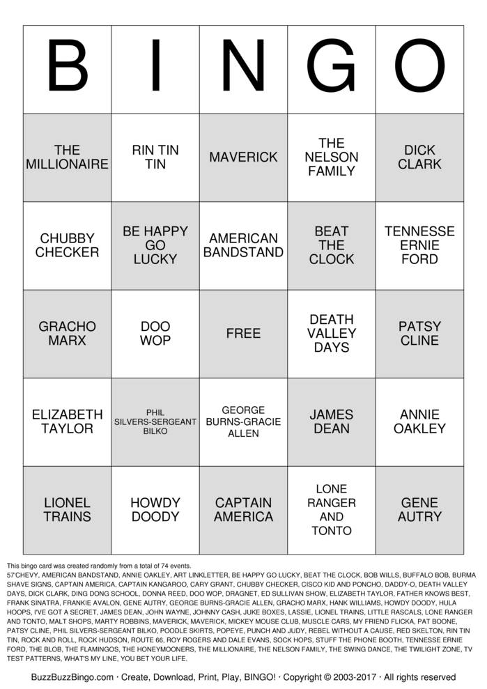 FABULOUS 50s Bingo Cards To Download Print And Customize 