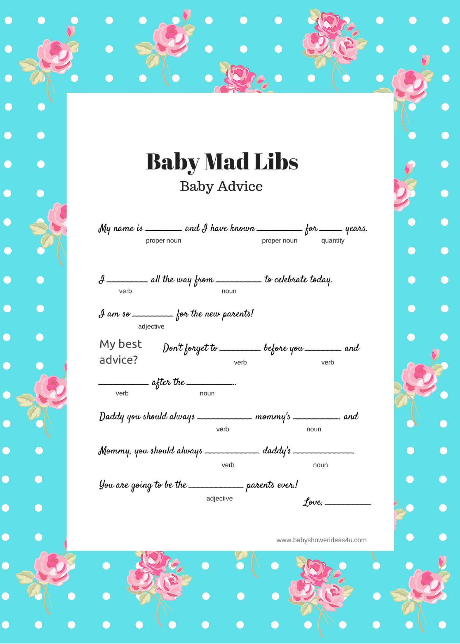 FREE Baby Mad Libs Game Baby Advice Baby Shower Ideas 