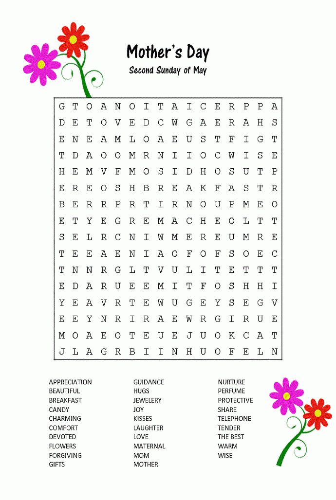 Free Printable Mother s Day Word Search Mother s Day 