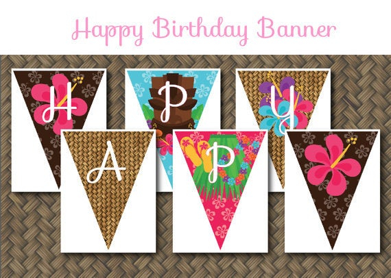 Hawaiian Luau Theme Printable Birthday Party Banner Digital