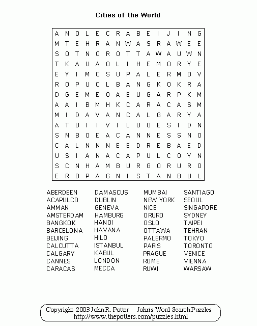 John s Word Search Puzzles Cities Of The World