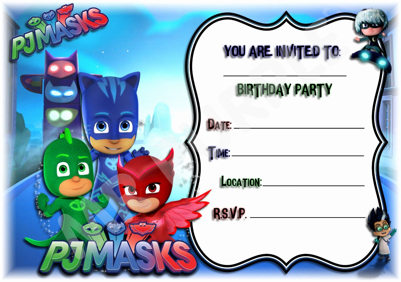 Pj Mask Birthday Invitation Template In 2020 Pj Masks 