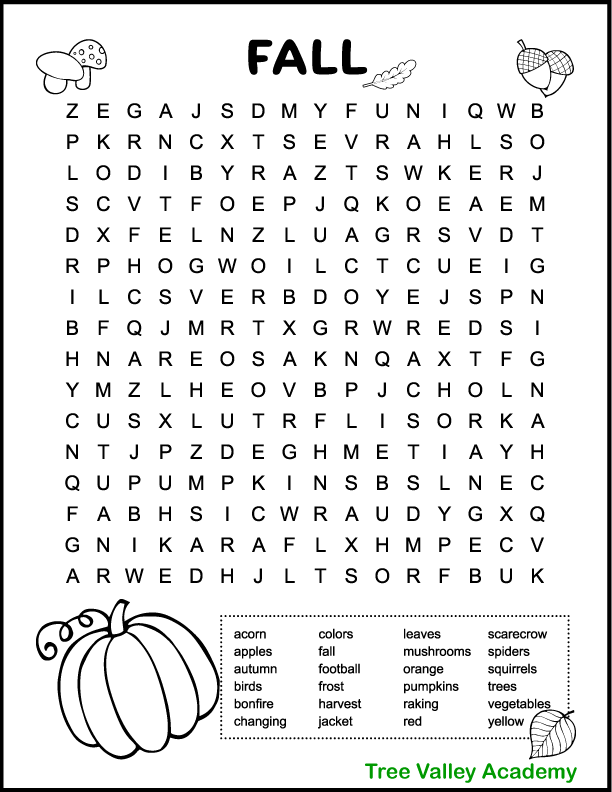 Printable Fall Word Searches For Kids Tree Valley