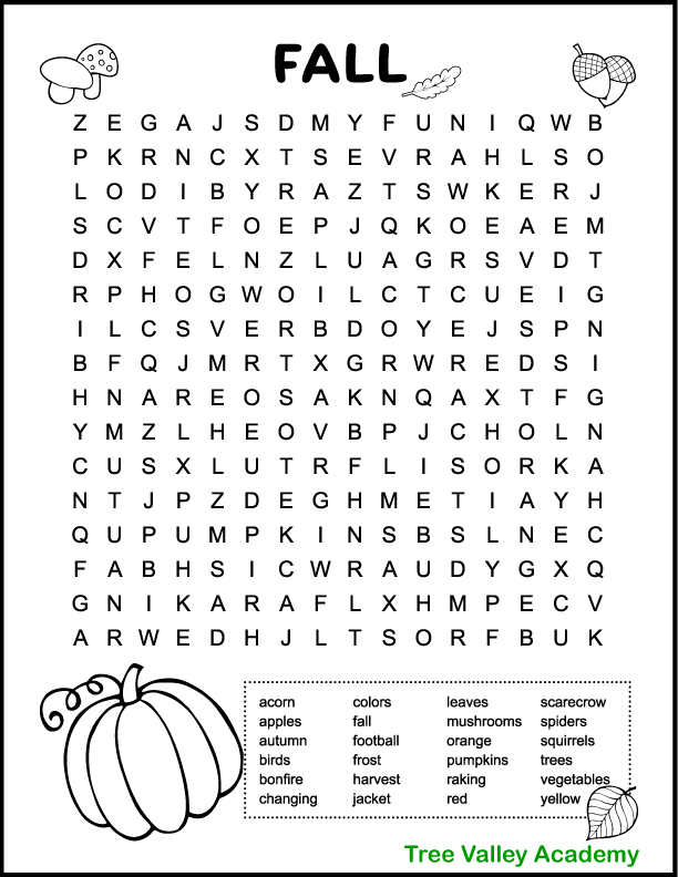 Printable Fall Word Searches For Kids Tree Valley 