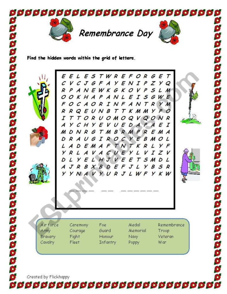 Remembrance Day Wordsearch ESL Worksheet By Flickhappy