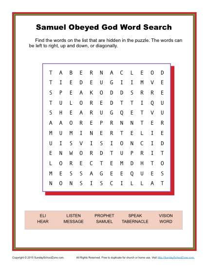 Samuel Obeyed God Word Search Children s Bible 