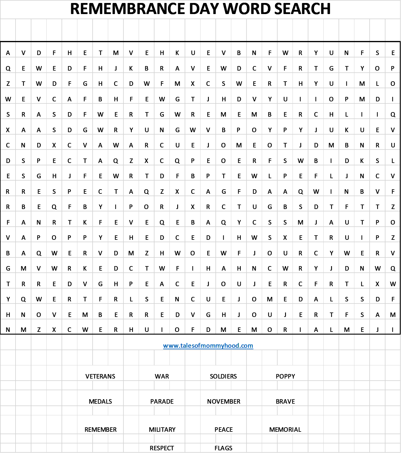 Tales Of Mommyhood Remembrance Day Printable Word Search