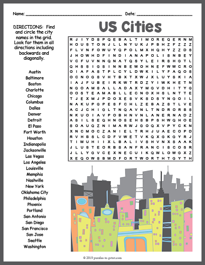 US Cities Word Search Puzzle