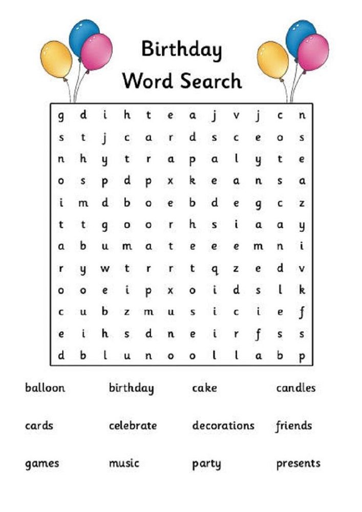Word Search For Kids Birthday Words Happy Birthday