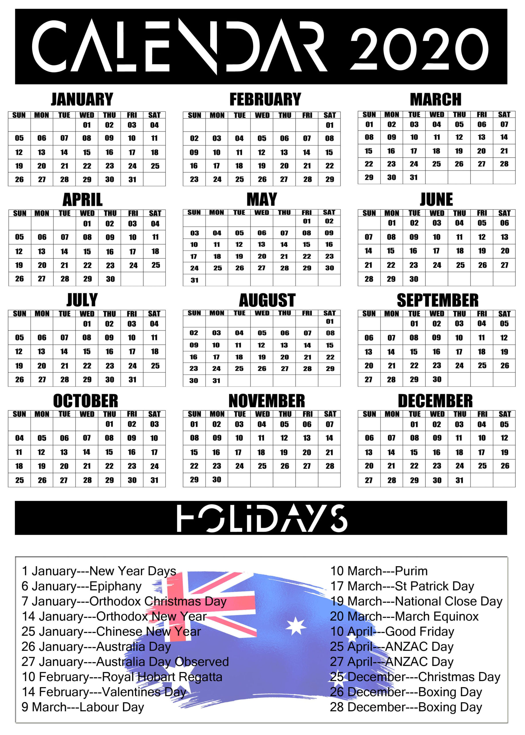 Australia 2020 Calendar With Holiday Printable Template PDF