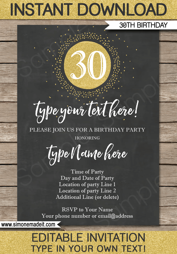 Chalkboard 30th Birthday Invitations Template Gold Glitter