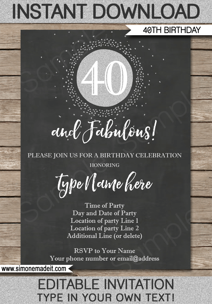 Chalkboard 40th Birthday Invitations Template Printable 