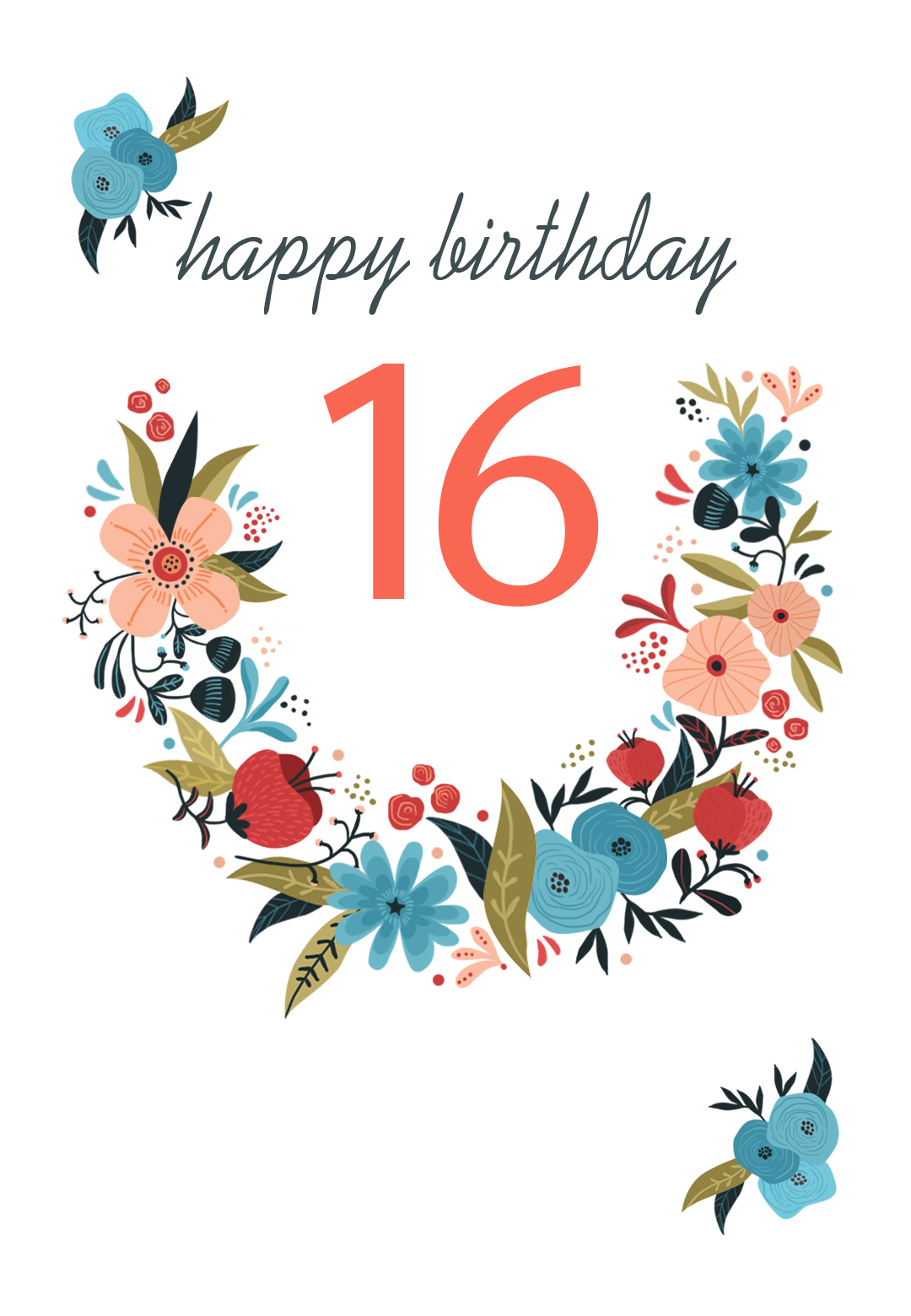 Floral 16 Birthday Card Free Greetings Island