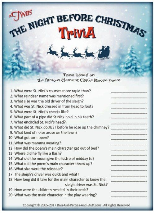 The Night Before Christmas Trivia Game Christmas Trivia 