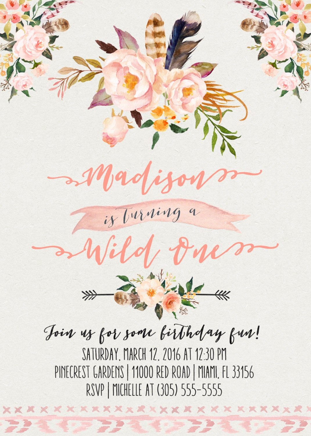 Wild One Birthday Invitation Boho Birthday Invitation 